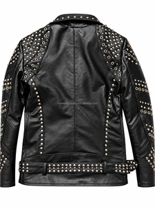Chaqueta de moto de cuero genuino para mujer MH, manga larga, decorada con remaches, cierre de cremallera, cuello vuelto, estilo otoñal - Product Image 3