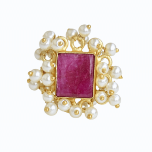 Vintage <b>Gold</b> Plated <b>Cocktail</b> <b>Ring</b> With Natural Ruby And Pearl Bezel Setting Women's Wedding Jewelry - Product Image 3