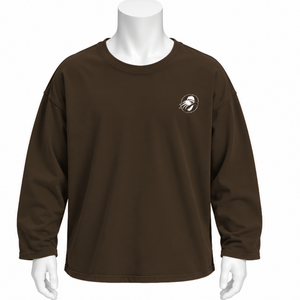 T-shirt à manches longues en coton marron café, coupe oversize, effet délavé vintage, épaules tombantes, coupe ample, unisexe, streetwear décontracté - Product Image 1
