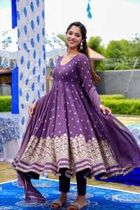 Conjunto de Vestido y Dupatta TENNECY Morado, Reversible, de Georgette Sintética, Sin Arrugas, para Trabajo, Diseño de Fiesta, para Mujer - Product Image 4