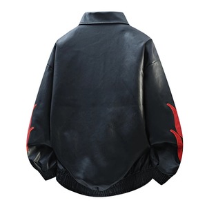 Chaqueta Bomber de Cuero para Hombre, Negra con Bordado de Llamas Rojas, Estilo Urbano, Corte Holgado, Cuello Alto, Cierre de Cremallera Frontal, Ropa de Invierno, Piel de Oveja - Product Image 3