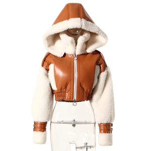 Chaqueta de Cuero PU con Capucha para Hombre, Color Marrón, Estilo Vintage, con Forro de Sherpa, Diseño de Bloques de Color, Estilo Motero - Product Image 4