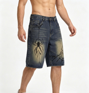Shorts en jean pour hommes, coupe ample et large, style Y2K, streetwear urbain, délavage clair, broderie OEM, collection 2026, vente chaude - Product Image 3