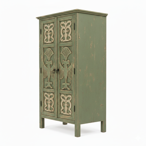 Handcrafted Eco-Friendly Large Capacity Solid Wood Tribal Carved <b>Rustic</b> Green Storage Cabinet <b>Wardrobe</b> for Home Hotel Office Use - Product Image 2