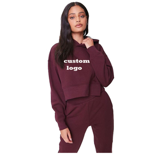 Women's Maroon Hooded <b>Cropped</b> Sweatshirt Full Sleeve Knitted Breathable Letter Print Casual Autumn Wear - Product Image 4
