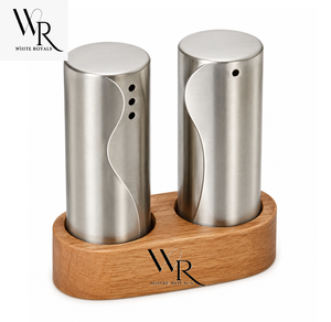 Juego de saleros y pimenteros de acero inoxidable con base de madera, modernos dispensadores de condimentos para cocina, herramientas duraderas para hierbas y especias, al por mayor. - Product Image 1