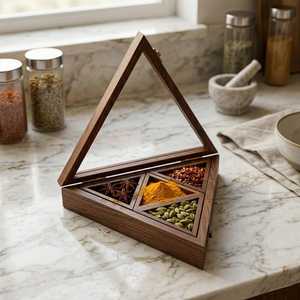 Organisateur d'épices en bois au design unique avec couvercle transparent pour le rangement des masala, idéal pour la cuisine, comme cadeau ou pour la présentation, en vente - Product Image 2