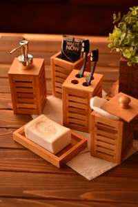 Wooden Bathroom Set Six Piece Rectangle Minimalist Style <b>Soap</b> Dish Toothbrush <b>Holder</b> Dispenser With Pump Easy To Clean - Product Image 2