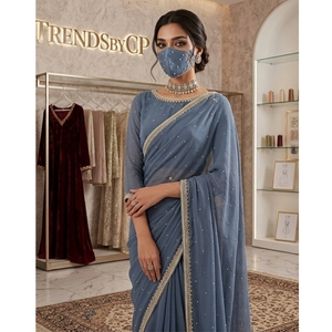 TRENDSbyCP Elegant Grey Silk Saree Pearl Embroidery Gold Border <b>Wedding</b> Party Womens Regular Fit Floor-Length Wrinkle-Free - Product Image 1