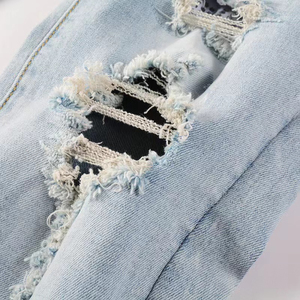 Vaqueros desgastados con parches personalizados, corte holgado y recto, estilo streetwear, efecto apilado, denim vintage lavado, Y2K, elásticos, hip hop - Product Image 3