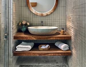 Mueble de baño flotante artesanal con encimera de madera y estante, lavabo de pared duradero para baño de lujo - Product Image 1