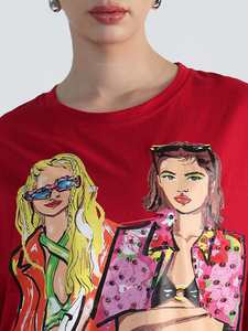 เสื้อยืดผ้าฝ้ายผู้หญิงทรงโอเวอร์ไซส์ พิมพ์ลายวินเทจ ไหล่ตก สไตล์สตรีทแวร์ - Product Image 5