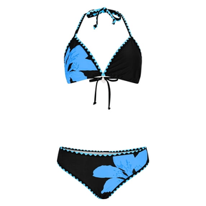 Ensemble bikini deux pièces pour femmes, noir, bleu, imprimé floral, col halter, bordure contrastée, maillot de bain extensible - Product Image 5
