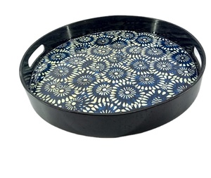 Oval <b>Wooden</b> Serving <b>Tray</b> with Handles – Blue & <b>White</b> Floral Resin Print Breakfast, Tea & Coffee Serving Platter - Product Image 1