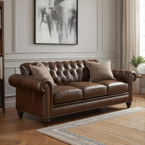 Sofá Chesterfield Clásico de Cuero Marrón de 3 Plazas con Respaldo Acolchado con Botones y Brazos Enrollados, Sofá de Cuero Vintage para Sala de Estar - Product Image 2