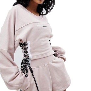Women's Pink Lace-Up Two-Piece <b>Knitted</b> <b>Set</b> O-Neck Long Sleeve Casual Loose Fit Solid Color Breathable All Seasons Wear - Product Image 1