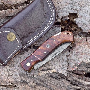 Hand Forged Damascus Steel <b>Folding</b> Blade <b>Knife</b> Rosewood Handle Leather Sheath Pocket EDC Hunting Camping <b>Knife</b> - Product Image 5