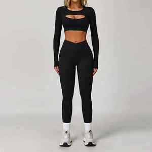 Fashion Style Women's Yoga Set High Quality Solid Four-Way Stretch Spandex/Nylon 2-Piece Front Logo Wholesale - Product Image 3