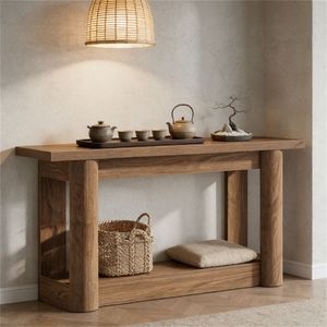 Mesa Consola de Estilo Rústico de Doble Capa con Diseño Multifuncional para Entrada y Uso junto al Sofá - Product Image 1