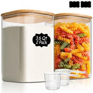 Set di 2 Contenitori in Vetro per Alimenti da 3,6 Qt, Grandi Barattoli Quadrati con Coperchi per Conservare la Farina - Product Image 1