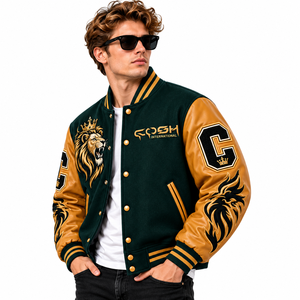 Veste varsity verte pour homme, manches en cuir doré, lion brodé, col montant, boutons pression, style hip-hop, veste d'hiver, logo personnalisé - Product Image 3