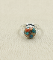 Bague Statement en Argent Sterling 925 Plaqué Or Rose et Or Jaune, Ornée d'une Pierre Ronde Naturelle d'Huître, de Cuivre et de Turquoise, Faite à la Main pour Femme