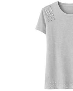 Camiseta de Algodón Gris Claro para Mujer con Pedrería, Manga Corta Casual, Top de Moda de Verano, Fabricante OEM con Logotipo Personalizado al por Mayor - Product Image 2