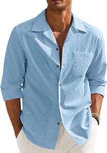Chemise habillée homme en polyester bleu clair uni, manches longues, col rabattu, infroissable, style décontracté chic, pour le bureau, en popeline - Product Image 2