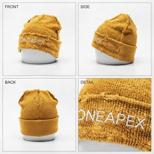 Bonnet en tricot jaune moutarde vieilli pour homme, avec revers, imperméable, hiver, unisexe, streetwear, bonnet ajusté, logo personnalisé, 100% acrylique - Product Image 4