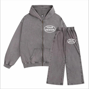 Conjunto de Sudadera con Capucha y Cremallera Rosa Lavado Unisex y Pantalones Anchos de Chándal, Estilo Urbano Minimalista, Ajuste Relajado, Logotipo Personalizado, Atuendo Casual de Dos Piezas a la Moda - Product Image 2