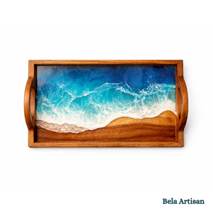 Plateau de service artisanal en bois et résine, motif rivière, style Art Déco, avec poignées, pour mariage, Diwali, cuisine, maison, hôtel - Product Image 2