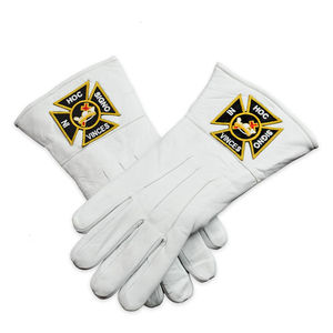Gants en cuir véritable pour la tenue maçonnique, avec broderies jaunes des Chevaliers Templiers, points de croix et travaux d'aiguille - Product Image 3