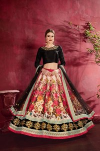 Women Lehenga Choli and Dupatta Set Art Silk Floral Print <b>Sequin</b> Embroidery Ethnic Outfit for Wedding Knee Length - Product Image 4