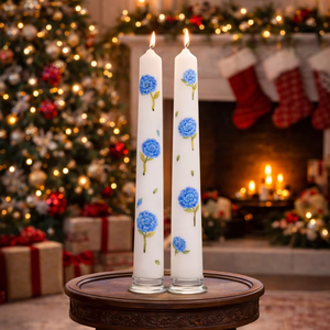 Bulk Hand-Painted Blue Floral Taper <b>Candles</b> (<b>Set</b> of 2)-Elegant Decor for Valentine's Day Birthdays Christmas Halloween & Easter - Product Image 1