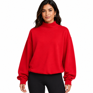 Sudadera de punto de manga larga para mujer, estilo urbano, cuello simulado, oversize, color rojo, forro polar, antiarrugas, estilo otoñal, largo regular, color liso - Product Image 1
