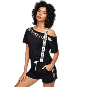 Women's Off-Shoulder Black Letter Print Romper With Drawstring Shorts Asymmetric Design Stretch Polyester One Piece <b>Set</b> - Product Image 4