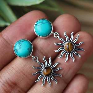 Wholesale Turquoise Tiger Eye <b>Sun</b> Earrings 925 Sterling Silver Handmade Celestial Gemstone Dangle Earrings for Women - Product Image 3