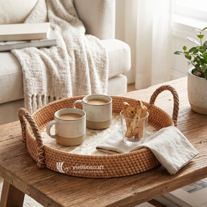Round Mother of Pearl Serving <b>Tray</b>-Luxury Rattan Inlay Sunflower Mosaic Platter <b>with</b> Braided Rope <b>Handles</b> Household Decorative - Product Image 4