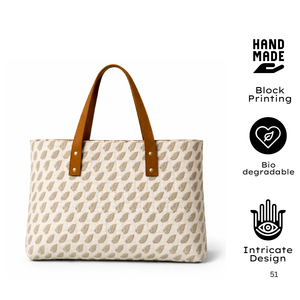Canvas Tote <b>Bag</b> Leaf Pattern Brown Leather Handles Zip Closure Daily Use All Season Minimalist Style Indian Hand Block Print - Product Image 2