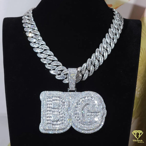 Iced Out " BG " Initial Pendant Necklace <b>Silver</b> Moissanite Diamond Cuban Link Hip Hop Jewelry Gift For Him - Product Image 3
