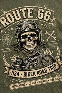 เสื้อยืดลายกราฟิกวินเทจ Route 66 ลายหัวกะโหลกสำหรับนักขี่มอเตอร์ไซค์ พิมพ์ลายสกรีน ระบายอากาศได้ดี ผ้าฝ้าย 100% สีเขียวมะกอก สำหรับผู้ชาย สไตล์เรโทร - Product Image 5