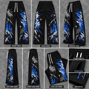 Pantalon de survêtement noir streetwear pour femme, coupe ample, taille élastique, imprimé graffiti bleu et blanc, collection automne - Product Image 4