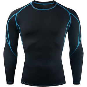 Men's Long Sleeve <b>Compression</b> Rash Guard Black with Blue Trim Quick Dry Spandex Polyester Fit for MMA BJJ Muay Thai Training - Product Image 1