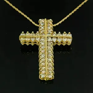 3Ct Round Cut Real Moissanite <b>Cross</b> Charm Women's <b>Sterling</b> <b>Silver</b> 14K Yellow Gold Plated <b>Pendant</b> - Product Image 2