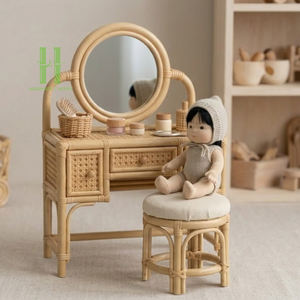 HNH CRAFT HNH 26008 Modern Oval Rattan Kids' <b>Vanity</b> <b>Table</b> Set with <b>Mirror</b> & Stool-Eco-Friendly Durable Safe School Use - Product Image 4