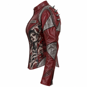 Chaqueta de Cuero Genuino para Mujer, Color Gris Marrón, Estilo Motero, con Diseño Geométrico Personalizado, Mangas con Tachuelas, Servicio de Fábrica - Product Image 4