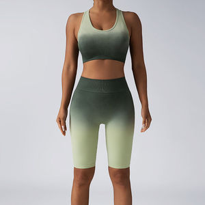 Conjunto de Yoga con Degradado de Color, Top Corto Deportivo y Pantalones Cortos de Cintura Alta, 2 Piezas, Sin Costuras, Spandex, Poliéster, Elástico en 4 Direcciones - Product Image 1
