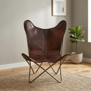 Vintage Leather Butterfly <b>Chair</b> Handmade Accent Lounge <b>Chair</b> Metal Legs Living Room Hotel Furniture - Product Image 3
