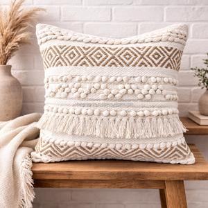 Funda de Almohada Bohemia de Diseño con Cuentas Bordadas, Flecos y Pompones, 45x45 cm, Cuadrada, Estilo Boho - Product Image 3