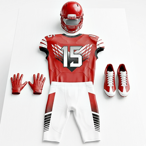 Men's American Football Uniform Set Red White V-Neck Half Sleeves Sublimated Jersey with Number 15 and Matching Pants - Product Image 5